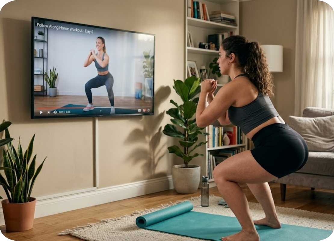 Mulher treinando em casa com aula na TV